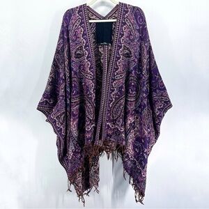 Moon Creations Purple Paisley Fringe Shawl Poncho Kimono Cardigan Wrap